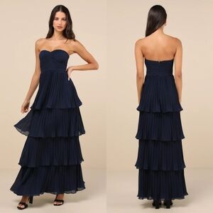 Lulus Seriously Sensational Navy Blue Strapless Tiered Maxi Dress Wedding Party